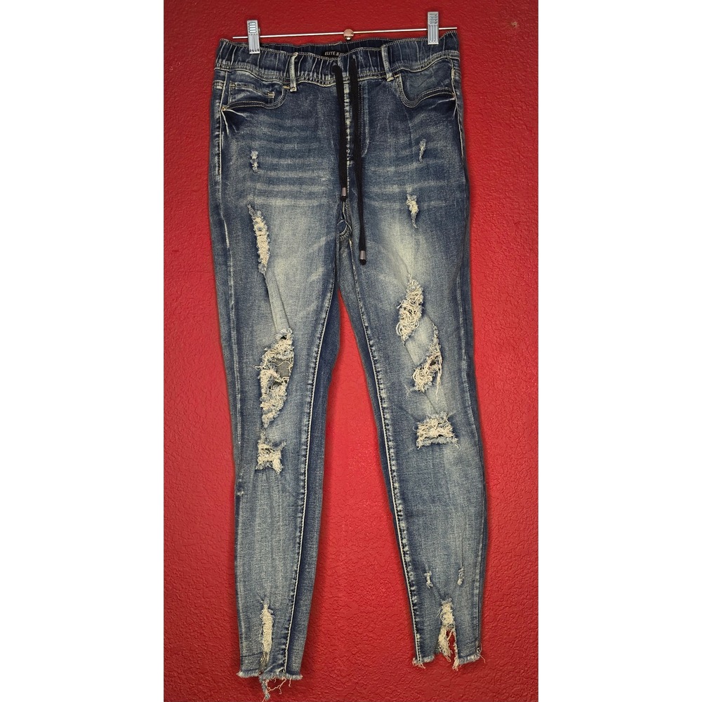 Ripped Distressed Denim Jeans Women's Drawstring‎ Waist Joggers Style